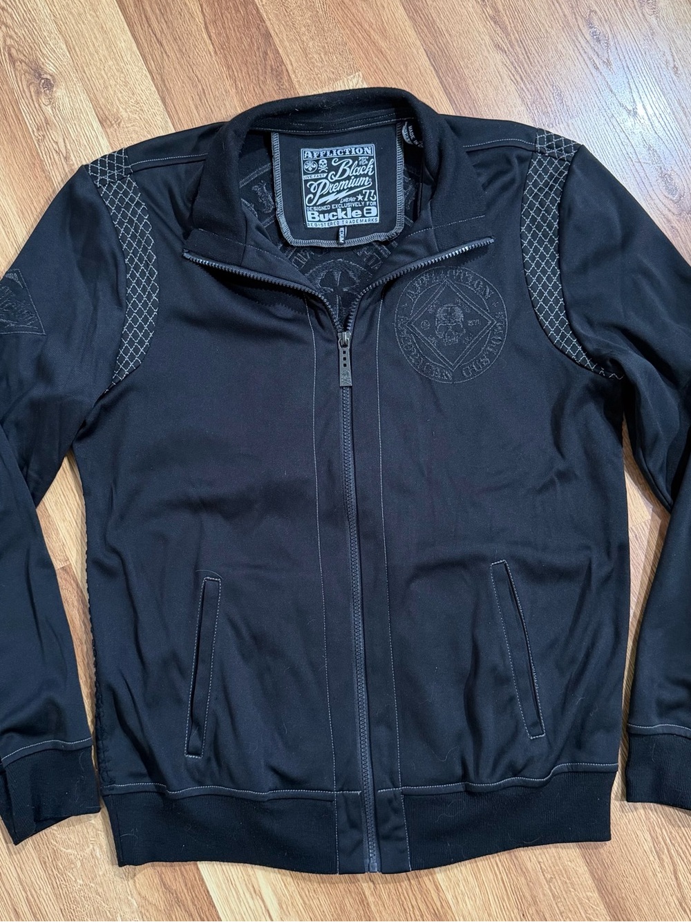 Affliction Black Men’s Zip-Front Track Jacket with Subtle Embroidery